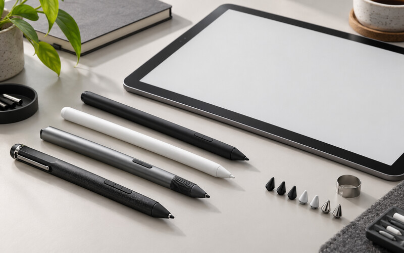Tablet yanında farklı uçlara sahip dijital kalemler