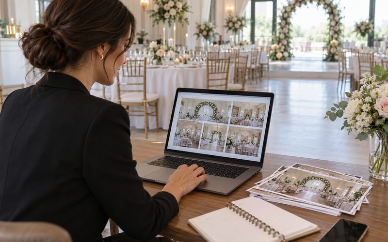 Düğün salonu fotoğraflarını bilgisayarda düzenleyen görevli