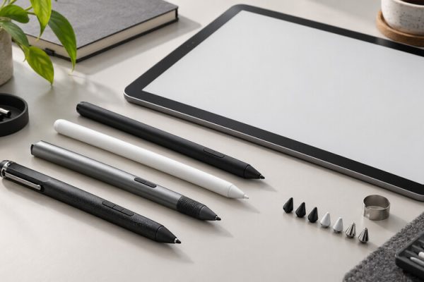 Tablet yanında farklı uçlara sahip dijital kalemler
