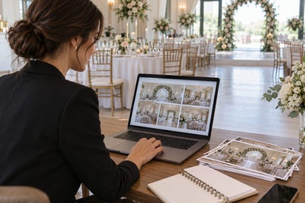 Düğün salonu fotoğraflarını bilgisayarda düzenleyen görevli