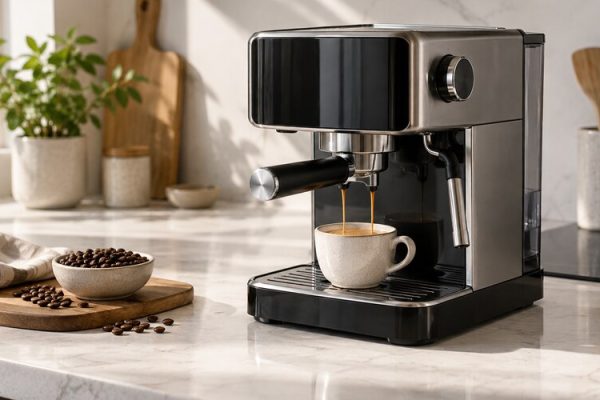Mutfak tezgâhında modern kahve makinesi