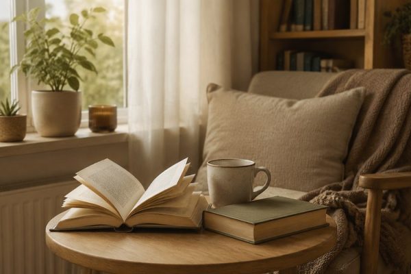 Pencere yanında açık kitap ve fincan bulunan sakin bir okuma köşesi