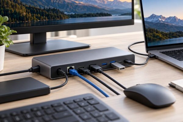 Laptopa ekran ve çevre birimleri bağlayan dock istasyonu