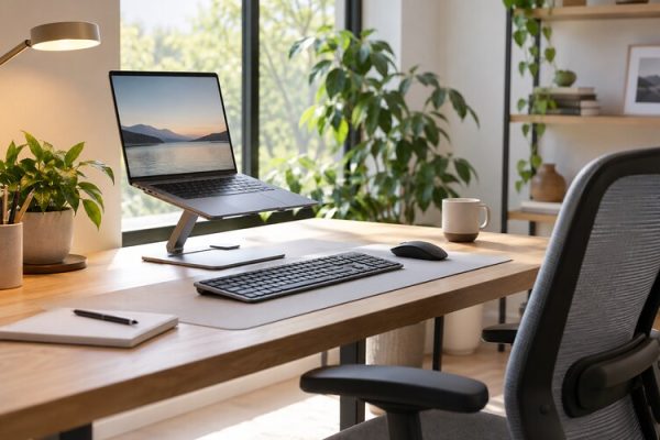 Ergonomik çalışma masasında laptop standı