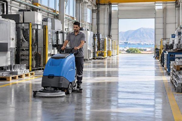 Fabrika koridorunun zeminini makineyle temizleyen görevli