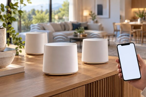 Evde kurulan üç düğümlü mesh Wi-Fi sistemi