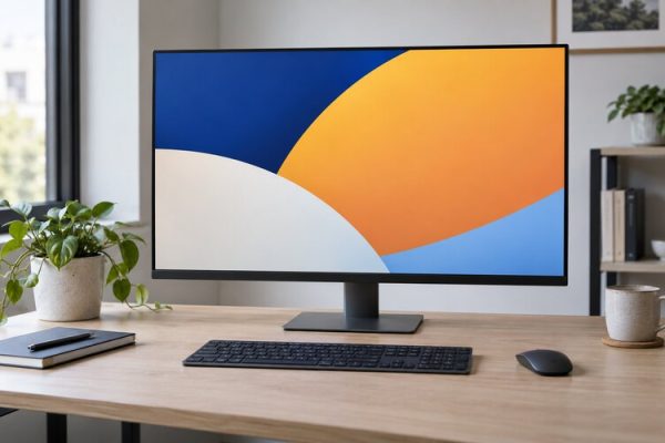 Düzenli çalışma masasında modern bilgisayar monitörü