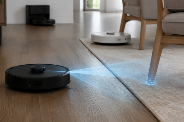 Modern evde halı ve sert zeminde çalışan robot süpürgeler