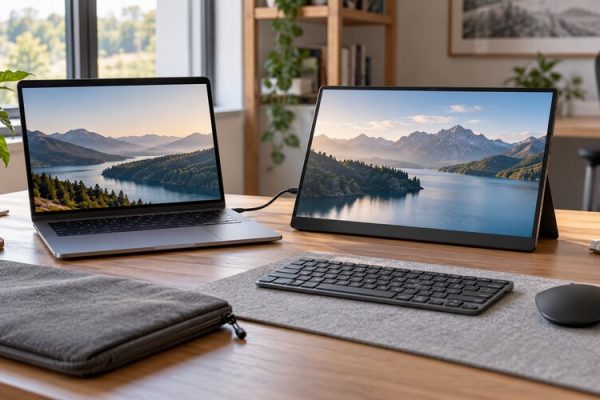 Dizüstü bilgisayara bağlı taşınabilir monitör çalışma düzeni