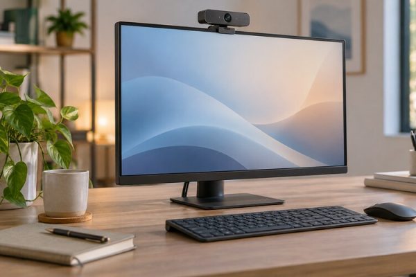 Ev ofisindeki monitöre takılı modern webcam