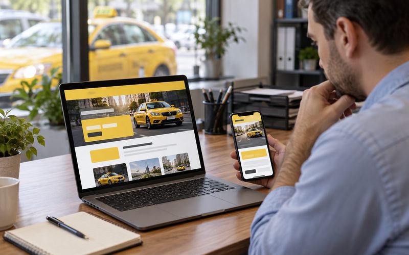 Bilgisayar ve telefonda taksi web sitesi düzenini inceleyen kişi