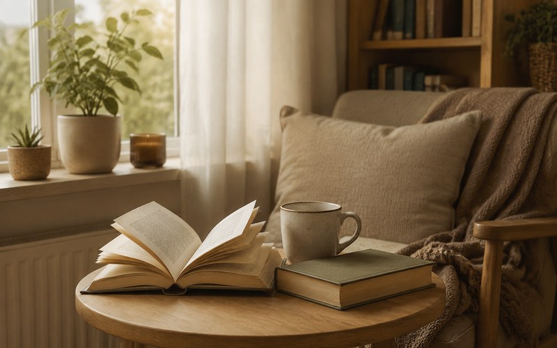 Pencere yanında açık kitap ve fincan bulunan sakin bir okuma köşesi