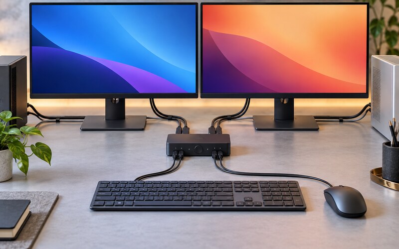 İki monitör, klavye ve fareyi bağlayan KVM switch kurulumu