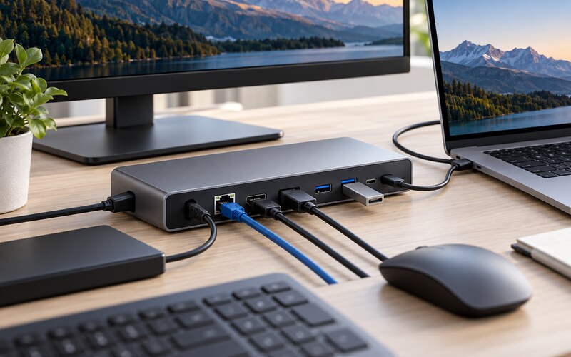 Laptopa ekran ve çevre birimleri bağlayan dock istasyonu