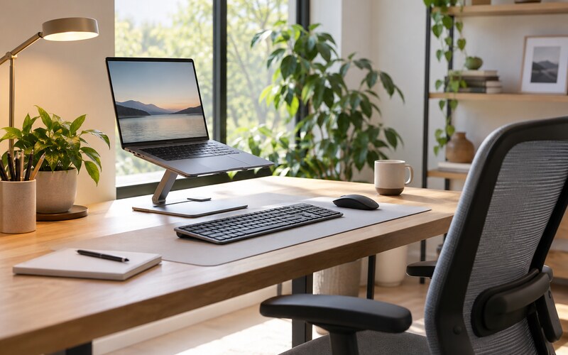 Ergonomik çalışma masasında laptop standı