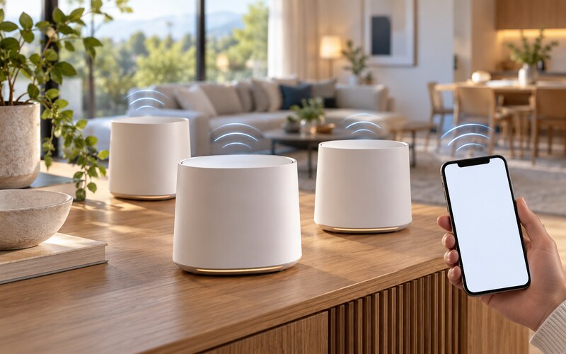 Evde kurulan üç düğümlü mesh Wi-Fi sistemi