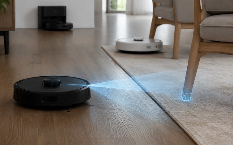Modern evde halı ve sert zeminde çalışan robot süpürgeler