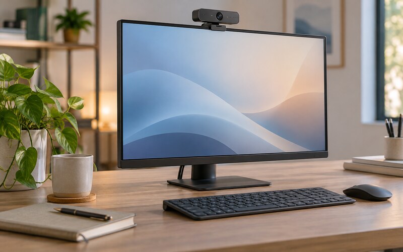 Ev ofisindeki monitöre takılı modern webcam