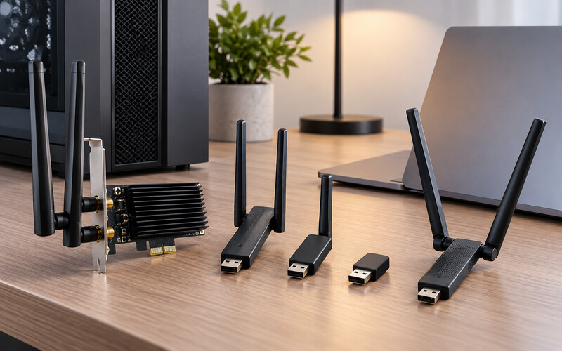USB ve PCIe bağlantılı farklı Wi-Fi adaptörleri